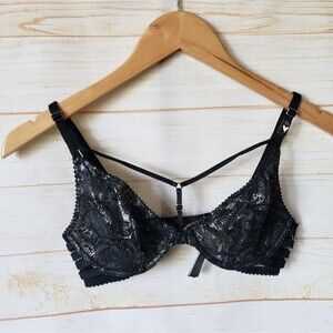 Victoria's Secret Very Sexy Metallic Lace Unlined Plunge Underwire Bra 32C Goth